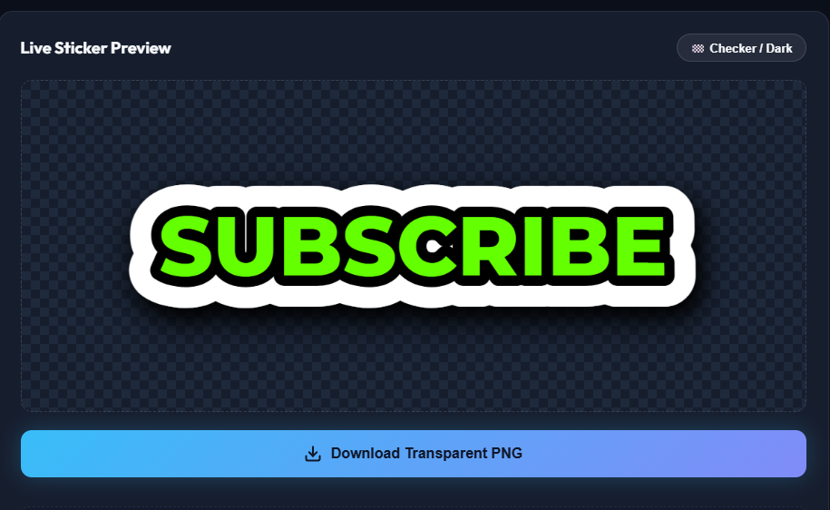 A bold SUBSCRIBE thumbnail overlay with a neon green fill, thick white border, and drop shadow, shown over a checkered transparent background
