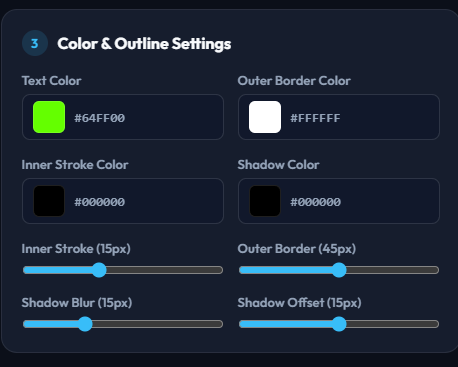 Sticker Studio's Color & Outline Settings panel with text color, border color, stroke, and shadow controls