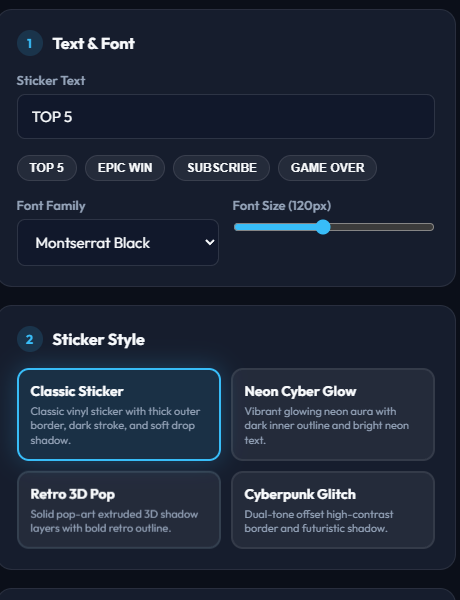 The Sticker Style cards in Sticker Studio: Classic Sticker, Neon Cyber Glow, Retro 3D Pop, and Cyberpunk Glitch