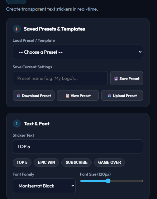 Sticker Studio's Saved Presets and Text & Font panel, with the Sticker Text field set to TOP 5